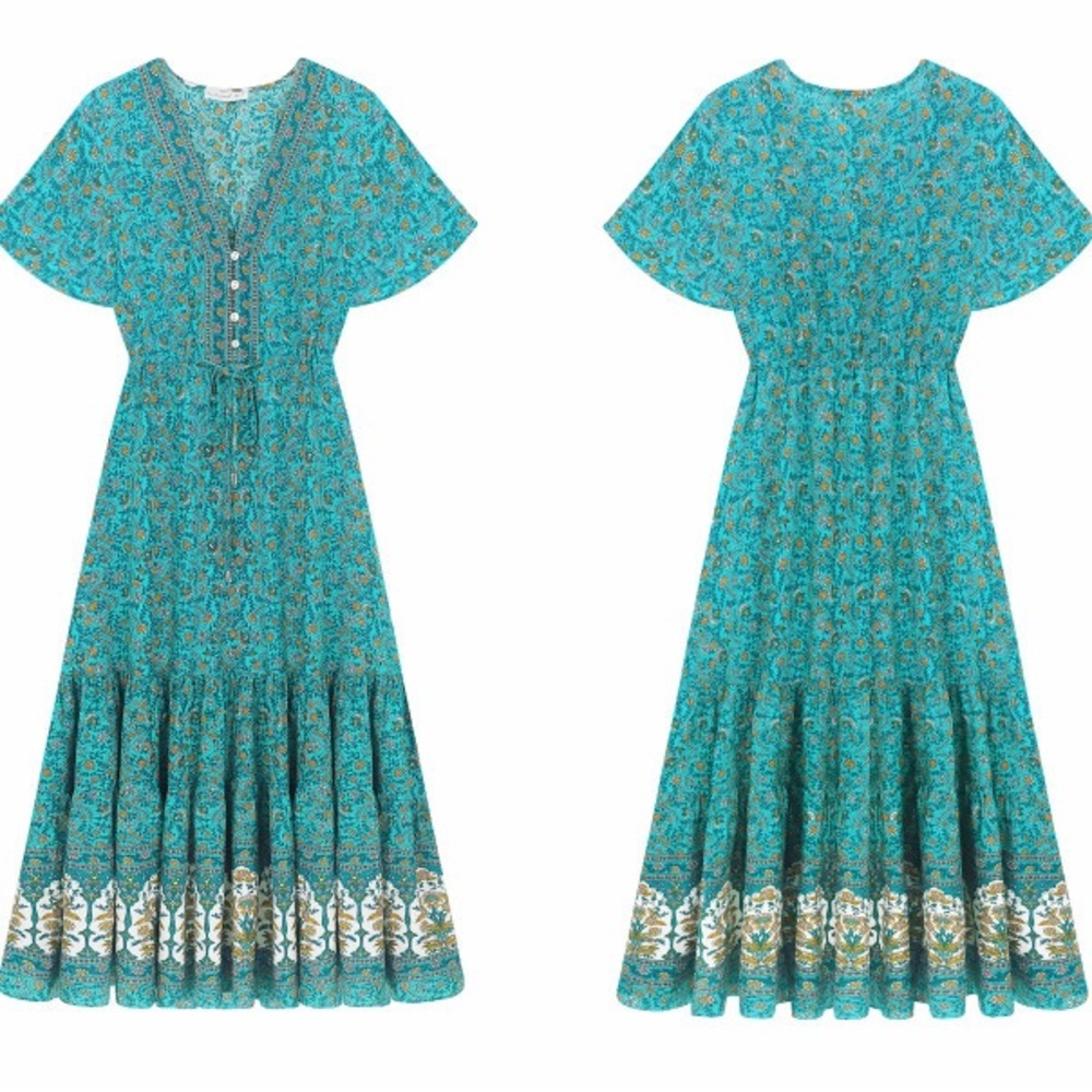 R. Vivimos Womens Summer Floral Print Turquoise Boho Midi Flowy Dress Med 8/10